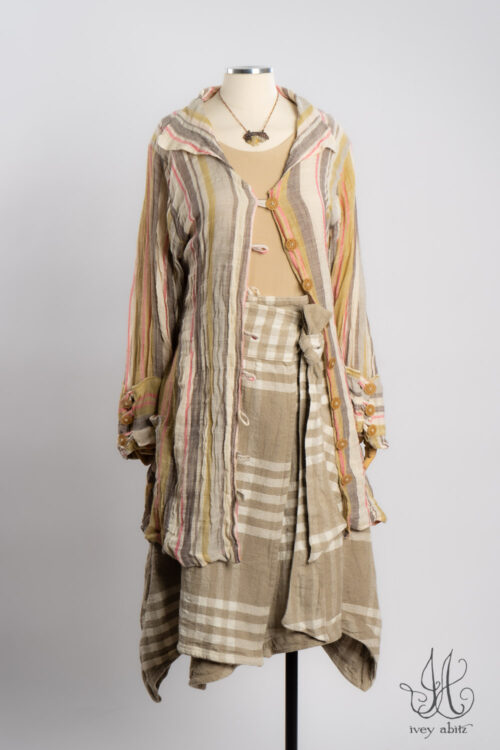 Pierrepont Shirt in Sherbet and Raindrop Ethereal Stripe; Tollie Top in Oyster Soft and Stretchy Stripe; Highlands Skirt in Oyster Rustic Woven Plaid; Heirloom Necklace.