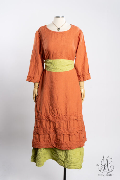 Tollie Dress in Canteloupe Washed Weave; Tollie Sash in Avodcado Washed Weave; Fitzgerald Frock in Avocado Washed Weave; Nouvelle Necklace.