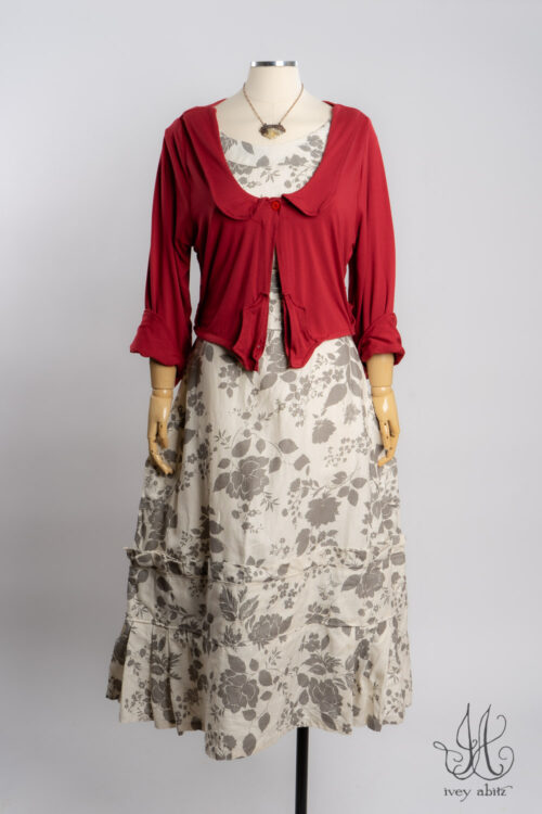 Ans Jacket in Casual Red Soft and Stretchy Knit; Hudson Frock in Raindrop Pressed Flower Weave; Heirloom Necklace.