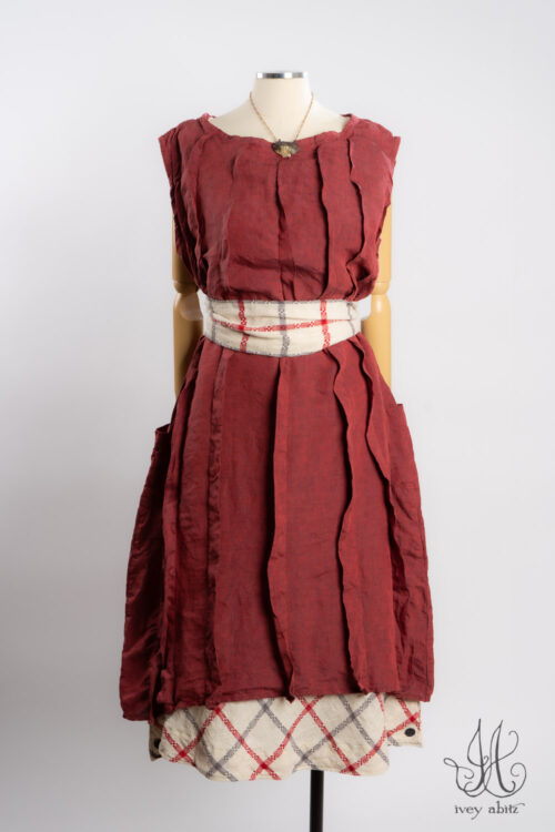 Eleanora Frock in Casual Red Washed Weave; Porte Cochere Sash in Casual Red and Raindrop; Oceana Frock in Casual Red and Raindrop Plaid Woven Weave; Heirloom Necklace.
