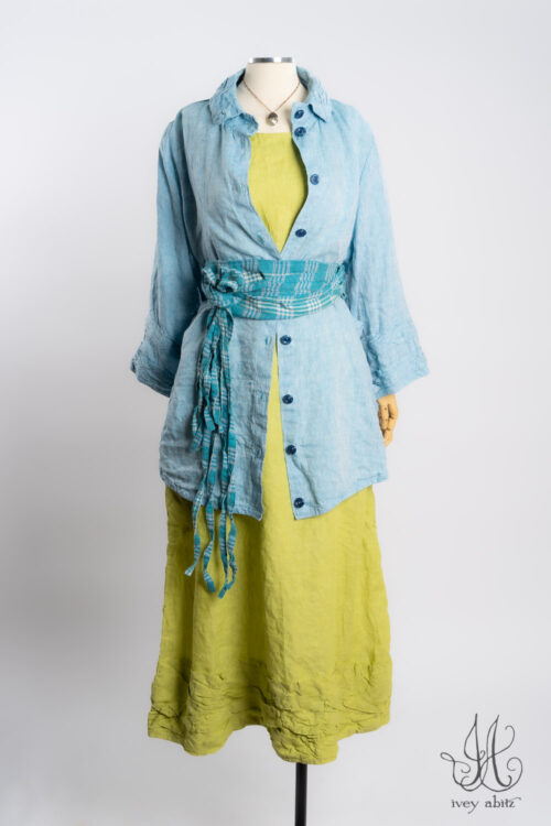 Tollie Shirt in Ice Blue Washed Weave; Porte Cochere Sash in Turquoise Woven Plaid; Fitzgerald Frock in Avocado Washed Weave; Nouvelle Necklace.