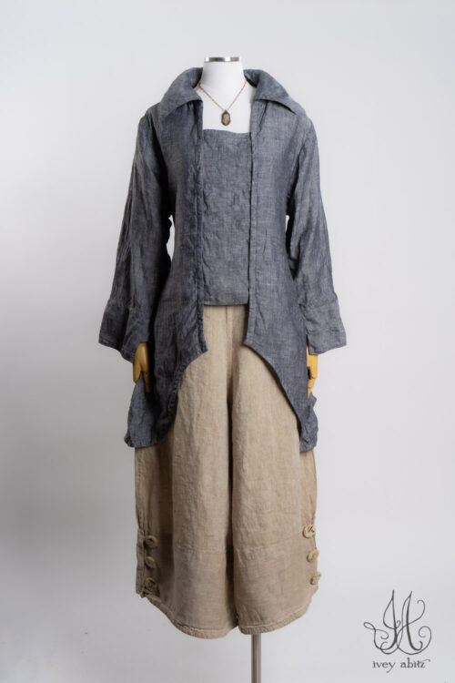 Evie Shirt Jacket in Charcoal Washed Weave; Viv Frock in Oyster Washed Weave; Heirloom Necklace.