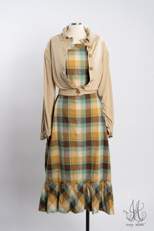 Bertie Jacket in Oyster Soft and Stretchy Knit; Wright Frock in Sea Foam Plaid.
