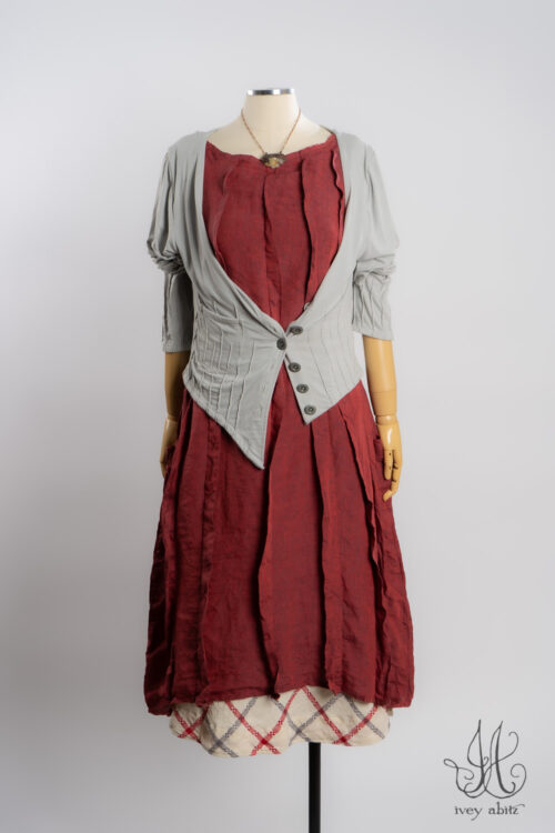 Mercer Cardigan in Raindrop Soft and Stretchy Knit; Eleanora Frock in Casual Red Washed Weave; Oceana Frock in Casual Red and Raindrop Plaid Woven Weave; Heirloom Necklace.