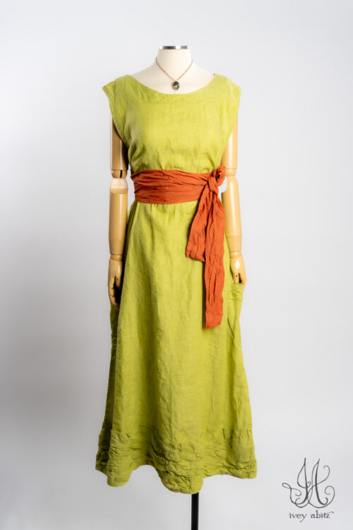 Fitzgerald Frock in Avocado Washed Weave; Canteloupe Washed Weave; Nouvelle Necklace.