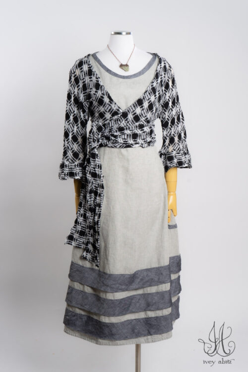 Rennie Wrap Jacket in Black and White Embroidered Weave; Ottway Frock in Raindrop and Charcoal Washed Weave; Heirloom Necklace.