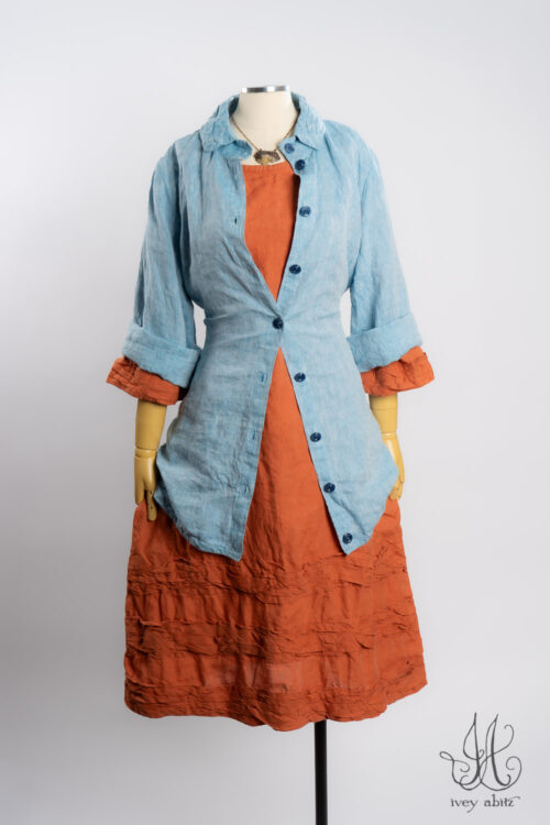 Tollie Shirt in Ice Blue Washed Weave; Tollie Dress in Canteloupe Washed Weave; Heirloom Necklace.