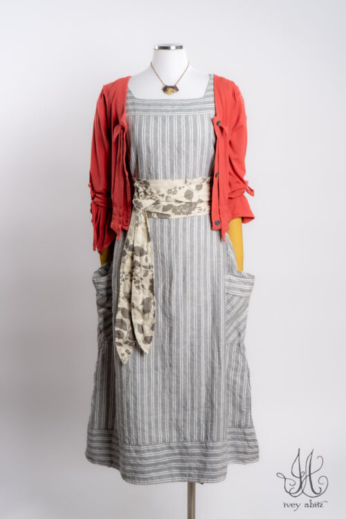 Chevallier Cardigan in Sherbet Soft and Stretchy Knit; Ottway Sash in Raindrop Pressed Flower Weave; Merrily Frock in Raindrop Stripe Washed Weave; Heirloom Necklace.