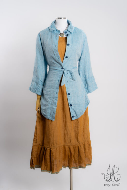 Tollie Shirt in Ice Blue Washed Weave; Rennie Frock in Ripe Apricot Washed Weave; Heirloom Necklace.
