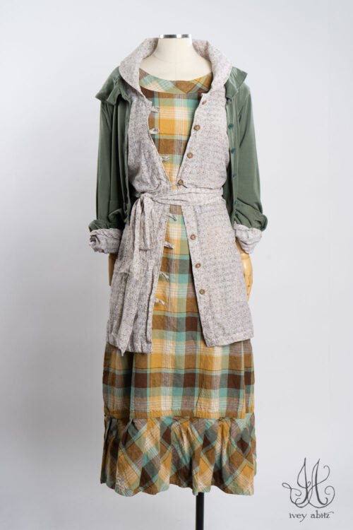 Beacon Jacket in Sea Foam Soft and Stretchy Knit; Wright Shirt in Oyster Breezy Floral Weave; Wright Frock in Sea Foam Plaid.