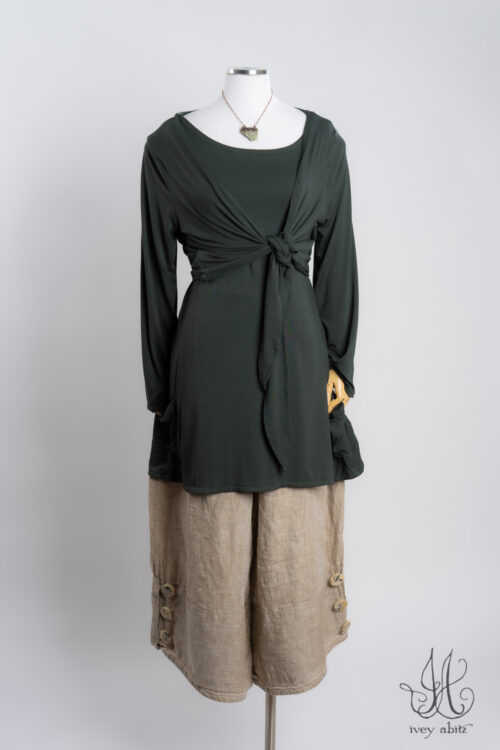 Wright Cardigan in Parsley Soft and Stretchy Knit; Rennie Top in Parsley Soft and Stretchy Knit; Viv Trousers in Oyster Washed Weave; Heirloom Necklace.