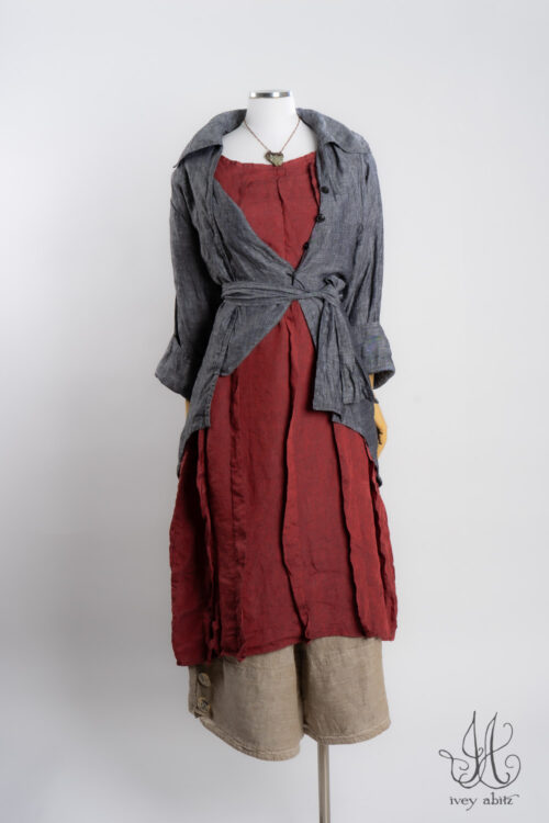 Evie Shirt Jacket in Charcoal Washed Weave; Eleanora Frock in Casual Red Washed Weave; Viv Trousers in Oyster Washed Weave; Heirloom Necklace.
