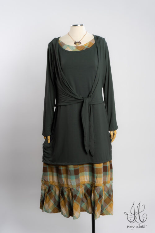 Wright Cardigan in Parsley Soft and Stretchy Knit; Rennie Top in Parsley Soft and Stretchy Knit; Wright Frock in Sea Foam Plaid; Heirloom Necklace.