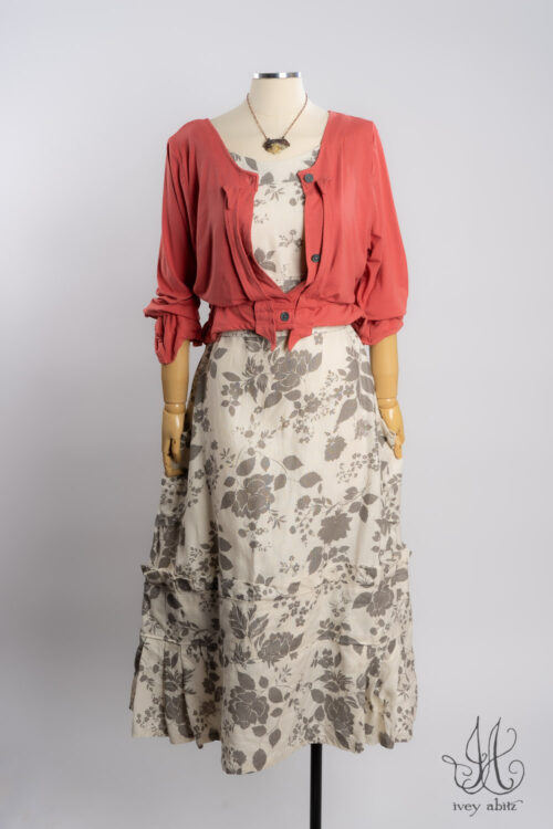 Chevallier Cardigan in Sherbet Soft and Stretchy Knit; Hudson Frock in Raindrop Pressed Floral Weave; Heirloom Necklace.