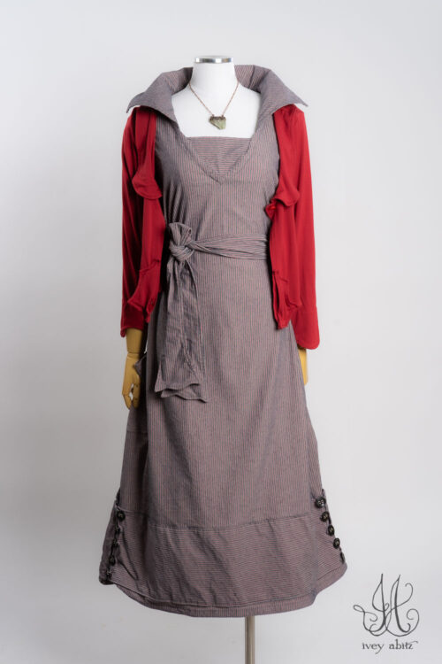 Viv Frock in Casual Red Casual Red Raised Stretchy Stripe Weave; Ans Jacket in Casual Red Soft and Stretchy Knit; Heirloom Necklace.