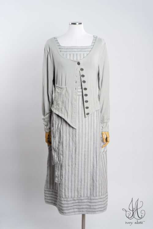Mercer Cardigan in Raindrop Soft and Stretchy Knit; Merrily Frock in Raindrop Stripe Washed Weave.
