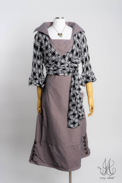 Rennie Wrap Jacket in Black and White Embroidered Weave; Viv Frock in Casual Red Raised Stretch Stripe; Heirloom Necklace.