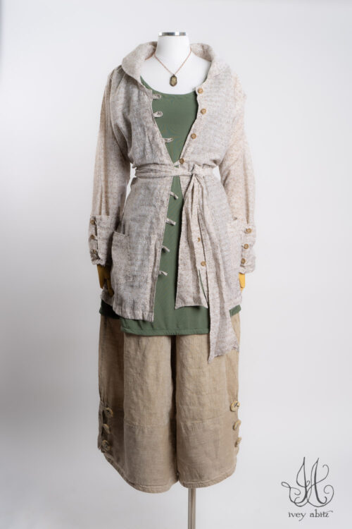 Wright Shirt in Oyster Breezy Floral Weave; Rennie Top in Sea Foam Soft and Stretchy Knit; Viv Trousers in Oyster Washed Weave; Heirloom Necklace.