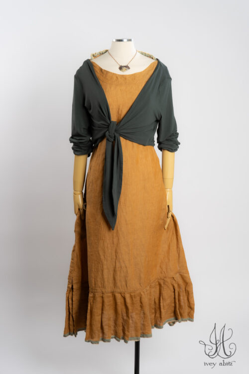 Wright Cardigan in Parsley Soft and Stretchy Knit; Rennie Frock in Ripe Apricot Washed Weave; Heirloom Necklace.