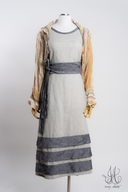 Pierrepont Shirt in Sherbet and Raindrop Ethereal Stripe; Ottway Frock in Raindrop Washed Weave and Charcoal Washed Weave; Porte Cochere Sash in Charcoal Washed Weave.