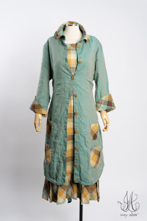 Rosemarie Duster Coat in Sea Foam Washed Weave with Plaid Detail; Wright Frock in Sea Foam Plaid.