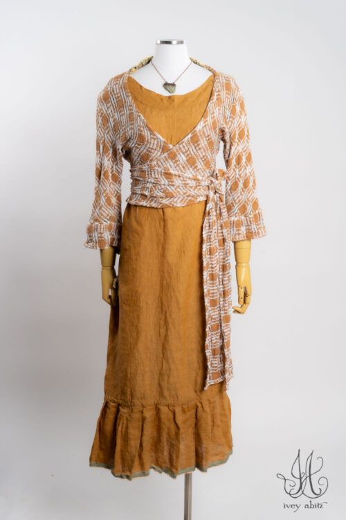 Rennie Wrap Jacket in Ripe Apricot Embroidered Weave; Rennie Frock in Ripe Apricot Washed Weave.