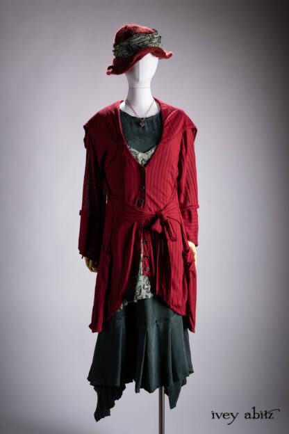 Henrietta Duster Coat in Crimson Sky Pointelle Stripe Knit; Ettienne Frock in Valley Sky Floral Silk Chiffon; Fairholme Frock in Valley Sky Softest Charmeuse; Hapgood Hat in Crimson Sky Mohair Hat and Scarf Knit; Nouvelle Necklace.