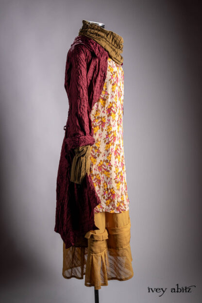 Chittister Duster Coat in Crimson Sky Washed Stripe Silk; River Frock in Autumn Leaf Floral Silk Chiffon; Hudson Frock in Autumn Leaf Stripe Silk Voile; Cilla Slip Frock in Bark Silky Knit; Lydia Neck Wrap and Gloves in Riverbank Washed Knit.