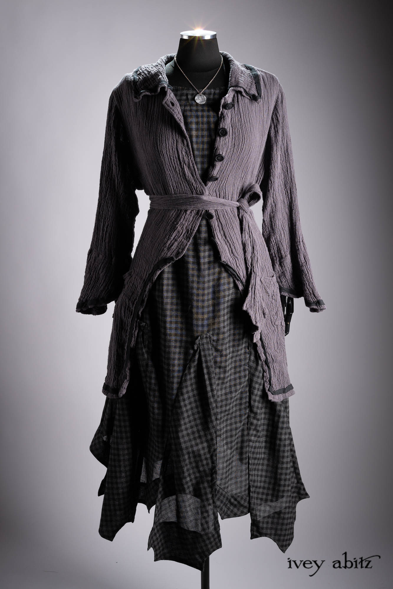 Vanetten Duster Coat in River Fog Ethereal Soft Voile; Liberte Frock in Riverbank Floral Woven Weave; Baedeker Scarf in Crimson Sky Floral Silk Velvet; Cilla Slip Frock in Bark Silky Knit; Hapgood Hat in Bark Washed Woven Hat Weave; Heirloom Necklace.