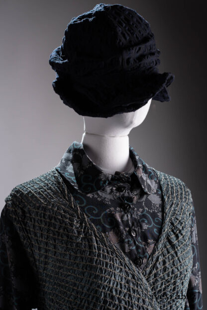 Chomley Frock in Valley Sky and Natural Embroidered Stripe Washed Silk; Truitt Shirt Jacket in Valley Sky Three-Leaf Silk; Fairholme Frock in Valley Sky Softest Charmeuse; Hapgood Hat in Majestic Blue and Mountain Checked Hat Weave.