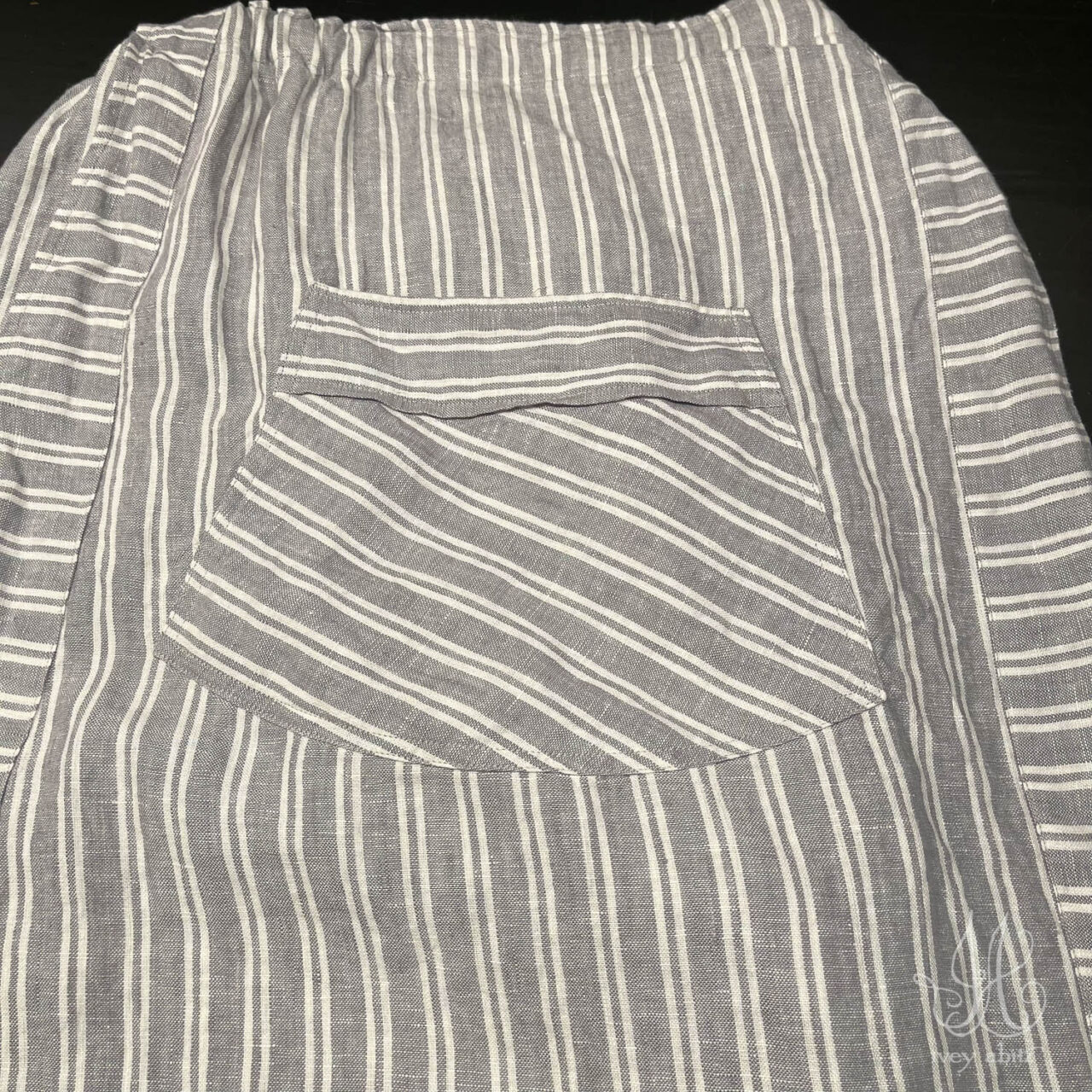 Wright Culottes pocket detail. Stripes are always carefully placed in Ivey Abitz clothing designs.
