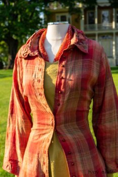 Gabled Duster Coat in Sunnyside Washed Plaid; Idyll Brooch in Rose Garden Silk Weaves; Gabled Frock in Yellow Days Washed Stretch Weave. Ivey Abitz at Boscobel House and Gardens