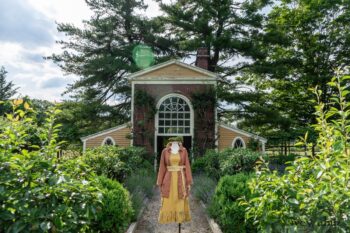 Gabled Shirt Jacket in Sunnyside Washed Linen; Porte Cochere Sash in Yellow Days Soft Floral Knit; Gabled Frock in Yellow Days Washed Stretch Weave. Ivey Abitz at Boscobel House and Gardens