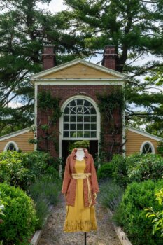 Gabled Shirt Jacket in Sunnyside Washed Linen; Porte Cochere Sash in Yellow Days Soft Floral Knit; Gabled Frock in Yellow Days Washed Stretch Weave. Ivey Abitz at Boscobel House and Gardens