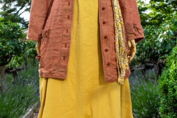 Gabled Shirt Jacket in Sunnyside Washed Linen; Porte Cochere Sash in Yellow Days Soft Floral Knit; Gabled Frock in Yellow Days Washed Stretch Weave. Ivey Abitz at Boscobel House and Gardens