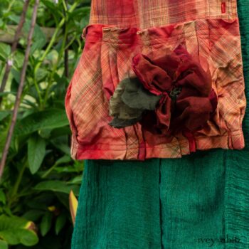 Gabled Duster Coat in Sunnyside Washed Plaid; Campanella Frock in Gracious Green Washed Crinkled Linen; Idyll Brooch in Rose Garden Silk Weaves. Ivey Abitz at Boscobel House and Gardens