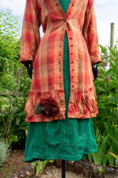 Gabled Duster Coat in Sunnyside Washed Plaid; Campanella Frock in Gracious Green Washed Crinkled Linen; Idyll Brooch in Rose Garden Silk Weaves. Ivey Abitz at Boscobel House and Gardens
