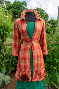 Gabled Duster Coat in Sunnyside Washed Plaid; Campanella Frock in Gracious Green Washed Crinkled Linen; Idyll Brooch in Rose Garden Silk Weaves. Ivey Abitz at Boscobel House and Gardens