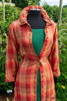 Gabled Duster Coat in Sunnyside Washed Plaid; Campanella Frock in Gracious Green Washed Crinkled Linen; Idyll Brooch in Rose Garden Silk Weaves. Ivey Abitz at Boscobel House and Gardens