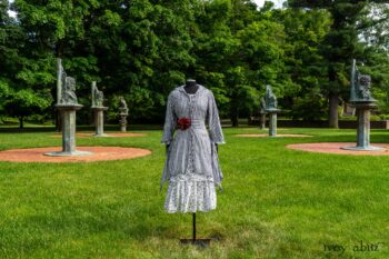 Baudelaire Duster Coat in Black and White Washed Stripe Voile; Blanchefleur Dress in Black and White Seashell Voile; Cilla Slip Frock in Peony Soft Ribbed Knit; Idyll Brooch in Rose Garden Silk Weaves. Ivey Abitz at Boscobel House and Gardens