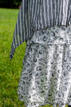 Baudelaire Duster Coat in Black and White Washed Stripe Voile; Blanchefleur Dress in Black and White Seashell Voile; Cilla Slip Frock in Peony Soft Ribbed Knit; Idyll Brooch in Rose Garden Silk Weaves. Ivey Abitz at Boscobel House and Gardens