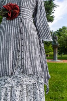 Baudelaire Duster Coat in Black and White Washed Stripe Voile; Blanchefleur Dress in Black and White Seashell Voile; Cilla Slip Frock in Peony Soft Ribbed Knit; Idyll Brooch in Rose Garden Silk Weaves. Ivey Abitz at Boscobel House and Gardens