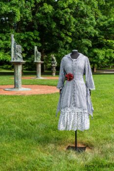 Baudelaire Duster Coat in Black and White Washed Stripe Voile; Blanchefleur Dress in Black and White Seashell Voile; Cilla Slip Frock in Peony Soft Ribbed Knit; Idyll Brooch in Rose Garden Silk Weaves. Ivey Abitz at Boscobel House and Gardens
