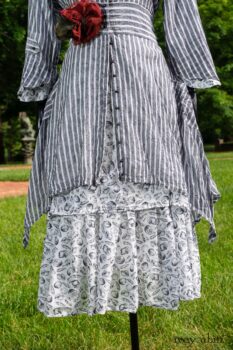 Baudelaire Duster Coat in Black and White Washed Stripe Voile; Blanchefleur Dress in Black and White Seashell Voile; Cilla Slip Frock in Peony Soft Ribbed Knit; Idyll Brooch in Rose Garden Silk Weaves. Ivey Abitz at Boscobel House and Gardens