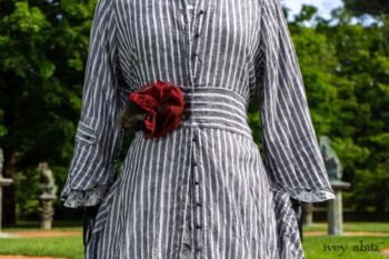 Baudelaire Duster Coat in Black and White Washed Stripe Voile; Blanchefleur Dress in Black and White Seashell Voile; Cilla Slip Frock in Peony Soft Ribbed Knit; Idyll Brooch in Rose Garden Silk Weaves. Ivey Abitz at Boscobel House and Gardens