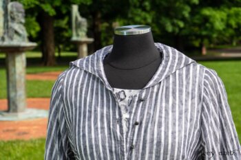 Baudelaire Duster Coat in Black and White Washed Stripe Voile; Blanchefleur Dress in Black and White Seashell Voile; Cilla Slip Frock in Peony Soft Ribbed Knit; Idyll Brooch in Rose Garden Silk Weaves. Ivey Abitz at Boscobel House and Gardens