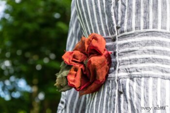Baudelaire Duster Coat in Black and White Washed Stripe Voile; Blanchefleur Dress in Black and White Seashell Voile; Cilla Slip Frock in Peony Soft Ribbed Knit; Idyll Brooch in Rose Garden Silk Weaves. Ivey Abitz at Boscobel House and Gardens