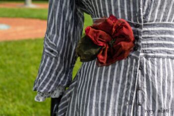 Baudelaire Duster Coat in Black and White Washed Stripe Voile; Blanchefleur Dress in Black and White Seashell Voile; Cilla Slip Frock in Peony Soft Ribbed Knit; Idyll Brooch in Rose Garden Silk Weaves. Ivey Abitz at Boscobel House and Gardens