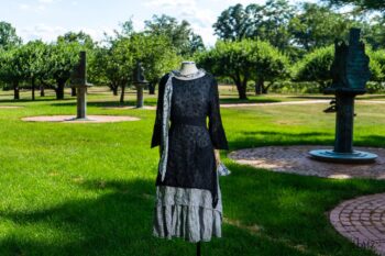 Dennison Dress in Black Embroidered Washed Voile; Limited Edition Blanchefleur Frock in Black and White Petite Stripe Linen; Blanchefleur Sash in Black and White Seashell Voile. Ivey Abitz at Boscobel House and Gardens