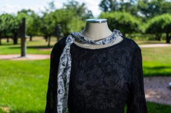 Dennison Dress in Black Embroidered Washed Voile; Limited Edition Blanchefleur Frock in Black and White Petite Stripe Linen; Blanchefleur Sash in Black and White Seashell Voile. Ivey Abitz at Boscobel House and Gardens